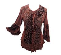 Women's Plus Size Velvet Embroidered Blouse with Bell Sleeves, Ruffle Hem and Button Front Closure (UK, Alpha, L, Regular, Regular, Copper)