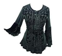 Women's Plus Size Velvet Embroidered Blouse with Bell Sleeves, Ruffle Hem and Button Front Closure (UK, Alpha, XXL, Plus, Regular, Bottle Green)