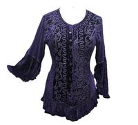 Women's Plus Size Velvet Embroidered Blouse with Bell Sleeves, Ruffle Hem and Button Front Closure (UK, Alpha, L, Regular, Regular, Purple)