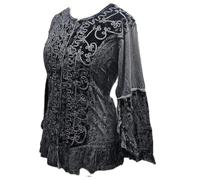 Women's Plus Size Velvet Embroidered Blouse with Bell Sleeves, Ruffle Hem and Button Front Closure (UK, Alpha, XL, Plus, Regular, Grey)