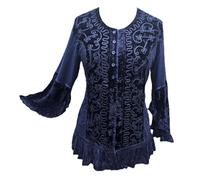 Women's Plus Size Velvet Embroidered Blouse with Bell Sleeves, Ruffle Hem and Button Front Closure (UK, Alpha, XL, Plus, Regular, Navy Blue)
