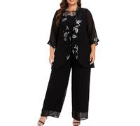 Women's Plus Size Wedding Pant Suits 3 Piece Chiffon Party Outfit for Mother of The Groom Bride Evening Gowns, Black, 26