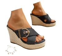 Women's Plus Size Wedge Sandals, Summer Open Toe Platform Sandals with Cross Straps And Buckle Slip on Slippers Comfortable Casual Shoes for Vacation Beach Everyday Wear,Black,3.5 UK