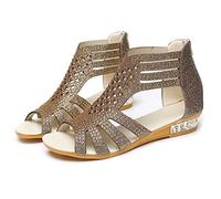 Women's Plus Size Wedge Sandals - Women's Summer Comfortable Open Sandal Zipper Closure with Rhinestones Roman Style Sandals Perforated Upper Lightweight and Breathable Sandal Casual Beach Shoes, gold