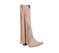 Women's Plus Size Western Fringe Boots with Chunky Block Heel and Embroidered Detail for Mid Calf Height Stylish Comfort (Beige, 2.5)
