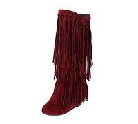 Women's Plus Size Winter Chunky Heel Fringe Boots Inside Booster Mid Length Boots Zipper Cowboy Boots Women (Red, 5)