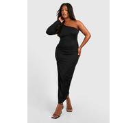 Womens Plus Super Soft One Shoulder Ruched Split Midaxi Dress - Black - 22, Black