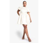 Womens Plus Taffeta Bow Back Puff Sleeve Skater Dress - White - 16, White