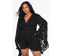 Womens Plus Textured Flare Sleeve Playsuit - Black - 26, Black