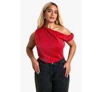 Womens Plus Twist Neckline Glitter Mesh Top - Red - 26, Red