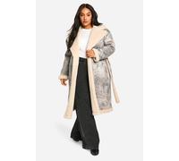 Womens Plus Vintage Look Longline Belted Aviator Jacket - Grey - 28, Grey