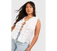 Womens Plus Woven Broderie Tie Front Waistcoat - White - 24, White