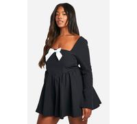 Womens Plus Woven Contrast Bow Long Sleeve Floaty Playsuit - Black - 16, Black