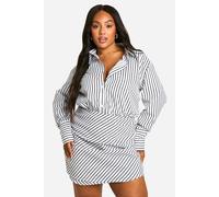 Womens Plus Woven Stripe Ruched Shirt Dress - White - 28, White
