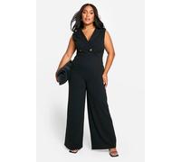 Womens Plus Wrap Over Waist Coat Wide Leg Jumpsuit - Black - 28, Black