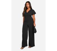 Womens Plus Wrap Over Wide Leg Jumpsuit - Black - 28, Black
