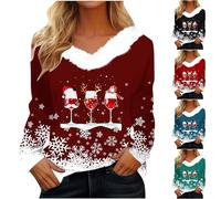 Women's Plush Collar Christmas T Shirts UK Sale Ladies Fluffy Neck Sweatshirts Elegant Long Sleeve Blouse Wine Glass Print Tops Comfort V Neck Pullover Xmas Streetwear Festival Holiday Party Top