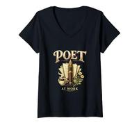 Women's Poet at Work Poetry Writing with Pen Coffee and Flowers V-Neck T-Shirt