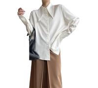 Women's Pointed Collar Blouses Blue French Style Shirt Spring Summer Long Sleeves Straight Tops White M 45-50kg