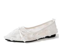 Women's Pointed Toe Ballet Flats Mesh Flowers Decor Soft Sole Lightweight Comfort Elegant Shoes for Casual and Party (White,7)