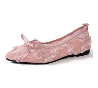Women's Pointed Toe Ballet Flats Mesh Flowers Decor Soft Sole Lightweight Comfort Elegant Shoes for Casual and Party (Pink,4)