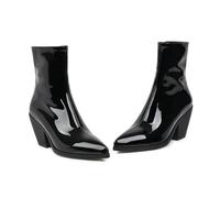 Women's Pointed Toe Chunky Stacked Heel Faux Leather Fall Booties Black