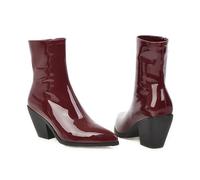 Women's Pointed Toe Chunky Stacked Heel Faux Leather Fall Booties Burgundy