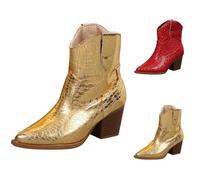Women's Pointed Toe Croc Ankle Boots Thick High Heel Chunky Cowboy Cowgirls Short Boots Ladies Western Casual Comfort Lightweight Wedge Patent Leather Shoes Size 6 Gold