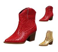 Women's Pointed Toe Croc Ankle Boots Thick High Heel Chunky Cowboy Cowgirls Short Boots Ladies Western Casual Comfort Lightweight Wedge Patent Leather Shoes Size 7 Red