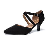Women's Pointed Toe Cross Strap Closed Toe Low Heel Pumps for Wedding Party Office, Black Suede, 9.5 UK