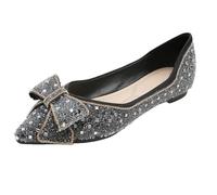Women's Pointed Toe Flat Shoes Diamante Embellished Trim Bow-Knot Ballerina Shoes Sole-Simple Slip On Lightweight Office Pump Plus Size Business Loafers (Black, 6)