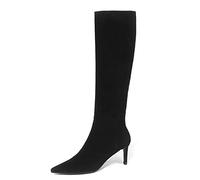Women's Pointed Toe Kitten Heel Knee High Boots Suede Leather Side-Zip Stiletto Low Heel Boots for Fall Winter Black Size 7