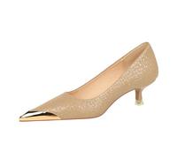 Womens Pointed Toe Kitten Heels for Dressy, Closed Toe Pumps Shoes for Women, Comfortable Low Heel Wedding Guest Shoes Khaki