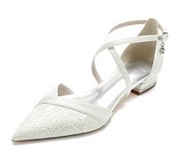 Women's Pointed Toe Lace Wedding Flats for Bride Comfortable Strappy Wedding Shoes Low Heels Cross Strap Bridal Flats Evening Prom Party Dress Shoes Pumps, Ivory, 7 UK