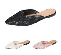 Women's Pointed Toe Mesh Mule Size 6.5 Flower Slip-On Flats Elegant Lace Mesh Dress Mules Shoes Closed Toe Backless Formal Wedding Guest Party Flat Sandals Black Gift