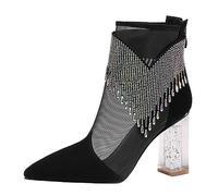 Women's Pointed Toe Rhinestone Tassel High Heel Ankle Boots Fashion Casual Dressy Party Shoes for Ladies Comfortable Stylish Footwear (Black, 6)