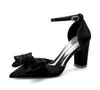 Women's Pointed Toe Satin Bridal Bridesmaid Shoes Block Heel Summer Heels with Bow Ankle Strap Wedding Pumps,Black,3 UK