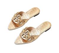 Womens Pointed Toe Slide Mules, Metallic Pyramid Studded Flat Slip on Sandals, Croc Embossed Open Back Mule Slippers(A,5.5 UK)