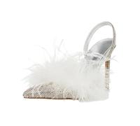 Women's Pointed Toe Slingback Dress Sandals Stiletto High Heel Mule Shoes Slip on Feather Summer Heels,Silver,12 UK