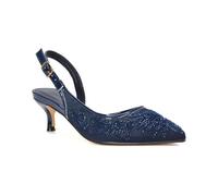 Women's Pointed Toe Slingback Kitten Heel Court Shoes Navy Mesh Embroidered Heels Size 8