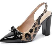 Women's Pointed Toe Slingback Pumps, Leopard Print Patent Leather, Block Heel Sandals with Bow Detail (Adult, Women, 5.5, Numeric, UK Footwear Size System, Medium)
