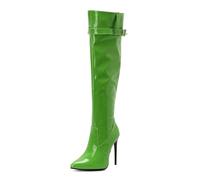 Women's Pointed Toe Stiletto Ultra High Heel Over The Knee Boots with Buckle Strap Zipper Pull On Winter Nightclub Dance Shoes (Green,7.5)