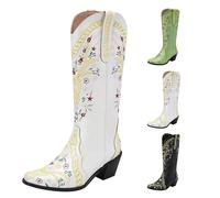 Women's Pointed Toe Western Cowgirl Cowboy Boots Mid Calf Fashion Embroidered Casual Comfortable Cowboy Low Heeled Ladies Classic Non-Slip Pull on Cowgirl Boots Size 7.5 White