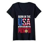Womens Poland Born in The USA Raised on Pierogi Poland Heritage V-Neck T-Shirt