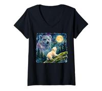 Women's Polar Bear Cub Howling at The Moon Cosmic Night Sky Art V-Neck T-Shirt
