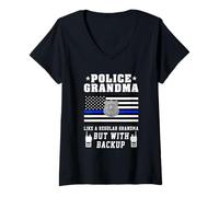Womens Police Grandma Thin Blue Line American Flag Funny Grandmas V-Neck T-Shirt