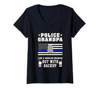 Womens Police Grandpa Thin Blue Line American Flag Funny Grandads V-Neck T-Shirt