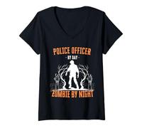 Womens Police Officer by Day Zombie by Night Funny Halloween Cop V-Neck T-Shirt