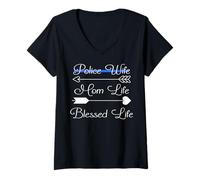 Womens Police Wife Mom Life Blessed Life Funny The Thin Blue Line V-Neck T-Shirt