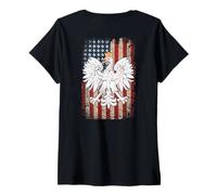 Womens Polish Eagle American Flag Print on Back Pride Poland V-Neck T-Shirt
